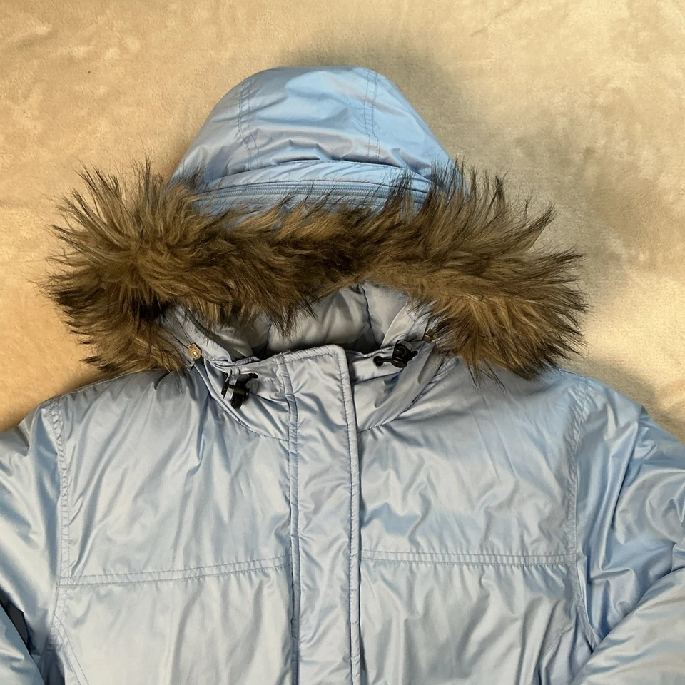 Abrigo Parka Lands End Plumón de Ganso Puffer Mujer Mediano 10-12 Azul Piel Borde Capucha Foto 2 de 4