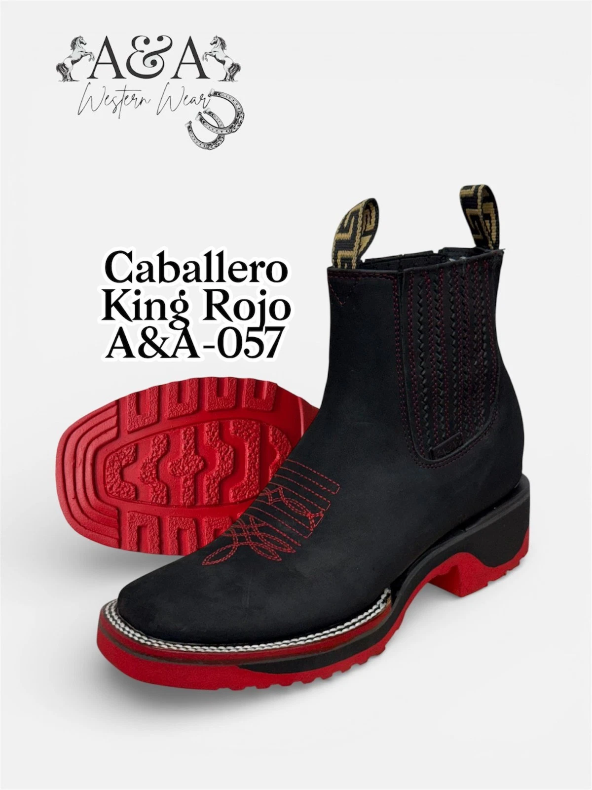 Genuine Leather Square Toe Rubber Red Sole Ankle Western Cowboy Boots - Black