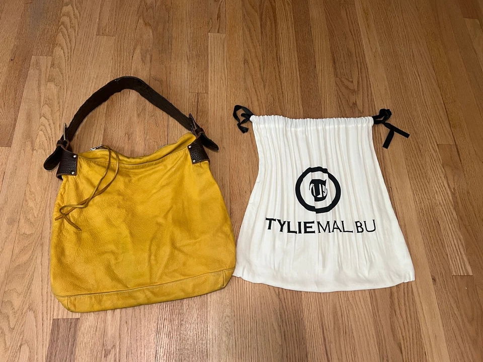 Tylie Malibu Tan Leather Bag Hobo Purse Studded Crystal Pierced Strap - Image 3 of 4