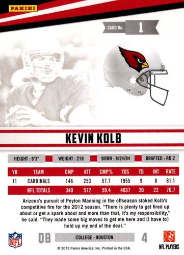 2012 Panini Absolute Spectrum Red Kevin Kolb Arizona Cardinals #55 - Picture 2 of 2