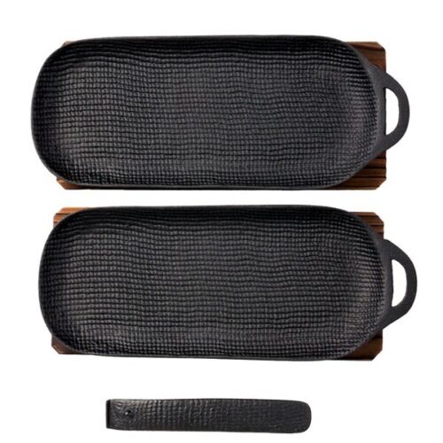 Oigen Nambu Tekki Ironware Grill Plate Slim Set of 2 w/Wooden Board & Handle - Picture 2 of 10