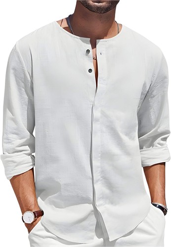 Men's Casual Beach Shirt with Button-Decorated Collar, Lightweight Cotton Linen - Picture 9 of 40
