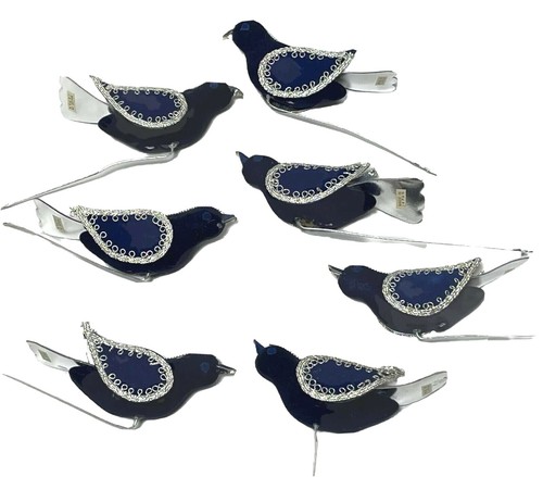 7 Vtg Japan Navy Blue Flocked Birds Silver Wing Tail Wired Christmas Ornaments  - Picture 1 of 12