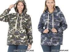 Zenana WOMEN CAMOUFLAGE KANGAROO POCKET HOODIE SWEATSHIRT NAVY DUSTY CAMOUFLAGE