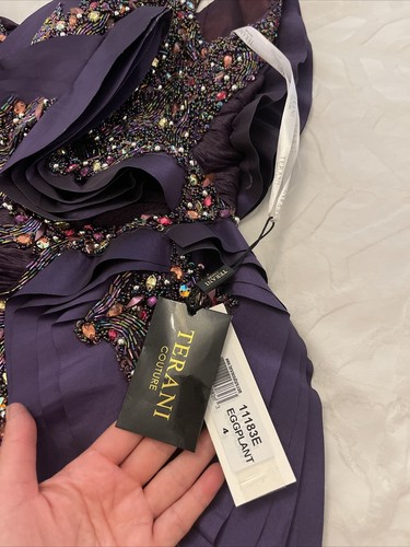 $790 Terani Couture Evening Gown Dress Purple Eggplant Size 4 One Shoulder - Picture 2 of 12