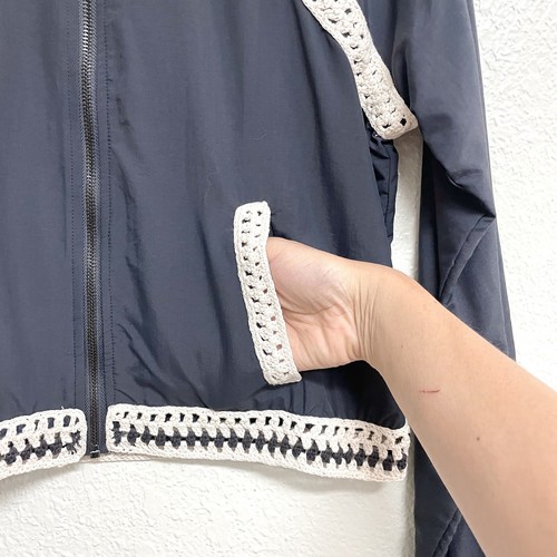 Free People Womens S Cream Crochet Trim Zip Front Gray Bomber Jacket Lightweight - Picture 7 of 12