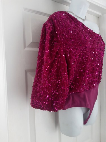 Boohoo Bright Pink Sequin Body One Shoulder Party Cruise Evening Size 16 BNWT - Picture 5 of 15