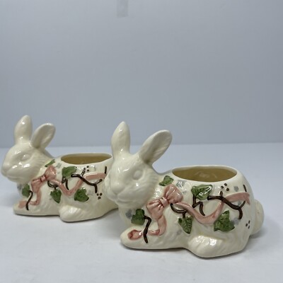 Vtg Bunny Ceramic Planters Lot of 2 CBK Ltd. Taiwan 1989 Pink White Green READ