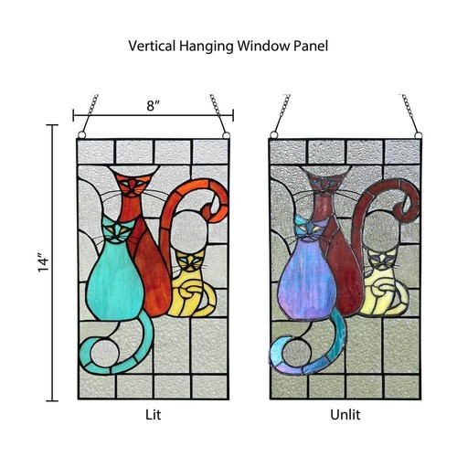 River of Goods Stained Glass Window Panel 3-Cats Tiffany Style Red Aqua Yellow - 第 4/10 張圖片