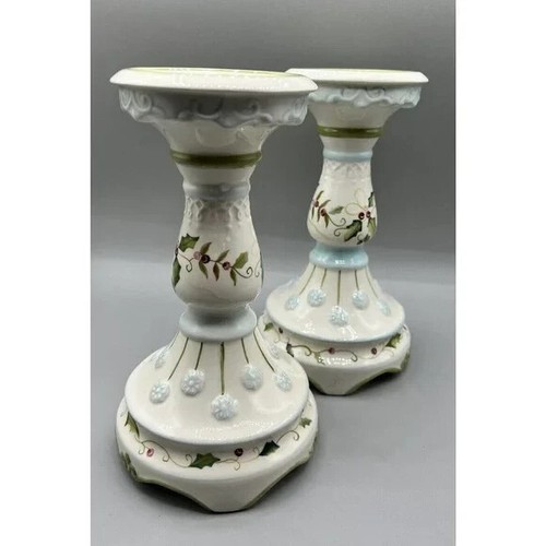 TRACY PORTER SWEET TIDINGS SET OF 2 HAND PAINTED CERAMIC CANDLE HOLDERS, EUC - Picture 2 of 7