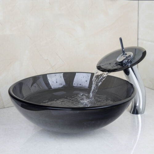 Set rubinetto cascata ciotola vetro temperato rotondo lavandino bagno nero USA - Foto 5 di 11