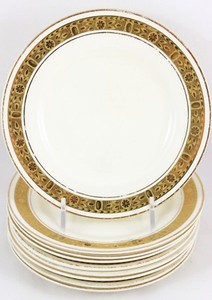 SET-9-BREAD-PLATES-BURLEIGH-WARE-CHINA-ENGLAND-RAISED-GOLD-ENCRUSTED-CREAM-WHITE