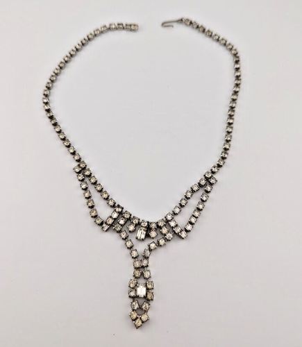 VINTAGE Midcentury Rhinestone Choker necklace prong set clear white stone B6 - Picture 2 of 2