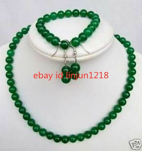 Natural 8MM Green Jade Beads Gemstone Necklace Bracelet Earring 18/7.5'' Sets - Picture 7 of 12