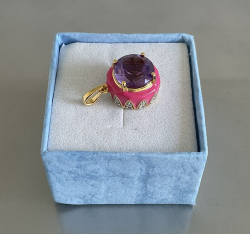 Amethyst, Moissanite, Pink Enameled Pendant 3.60 CTW 925 Silver Vermeil Plated - 第 2/17 張圖片