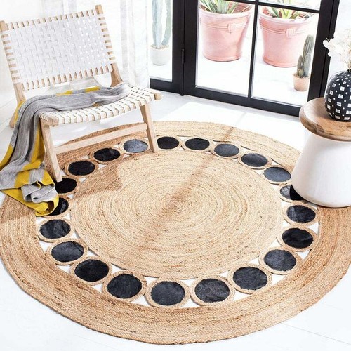 Indian Jute Rug Round Jute Carpet With Black Circle Braided Nursery Jute Rug Mat - Picture 1 of 5