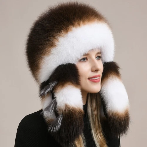 Sombrero de piel de zorro real para mujer ruso Ushanka cosaco Mongolia sombrero de trampero gorra cálida - Imagen 17 de 20
