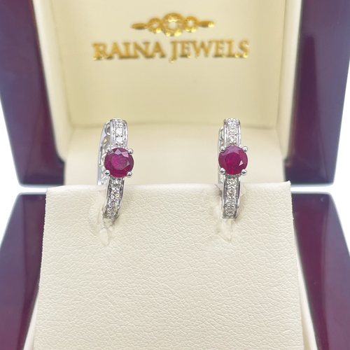 18ct White Gold Natural Ruby Prong & Diamond Huggie Hoop Earrings 0.92ct - Picture 2 of 7