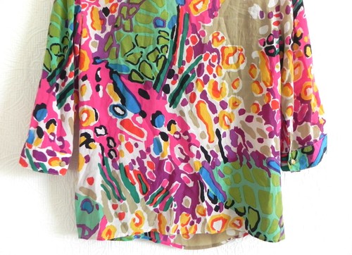 Mossique Blouse Tunic 100% Silk 3/4 Sleeve 1/2 Button up Vibrant Color Size M - Picture 9 of 11
