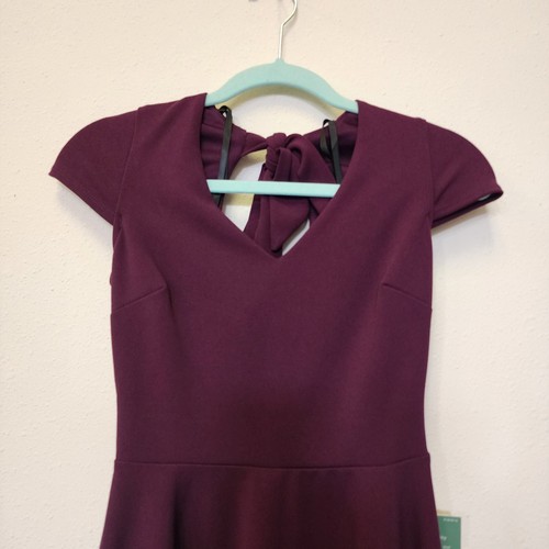 B Smart Dress 1 Burgundy Fit Flare Stretch Tie Open Back Cap Sleeve Wedding New - Picture 2 of 9