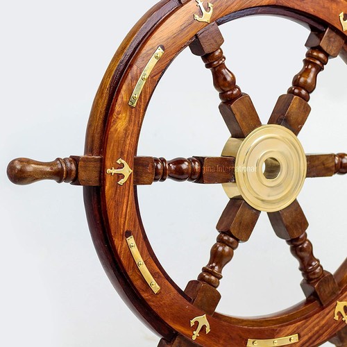 Schiffsrad aus Naturholz Handarbeit mit Messinganker maritim Marine Deko - Bild 2 von 4
