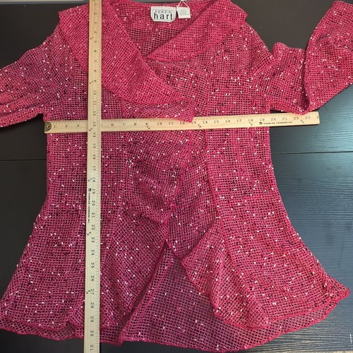 Cárdigan de malla tejido con volantes delanteros abiertos rosa Keren Hart vintage grande para mujer - Imagen 7 de 7