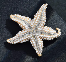 Crystal Rhinestone Starfish Brooch Pin Gold Ocean Nautical Summer Jewelry Gift