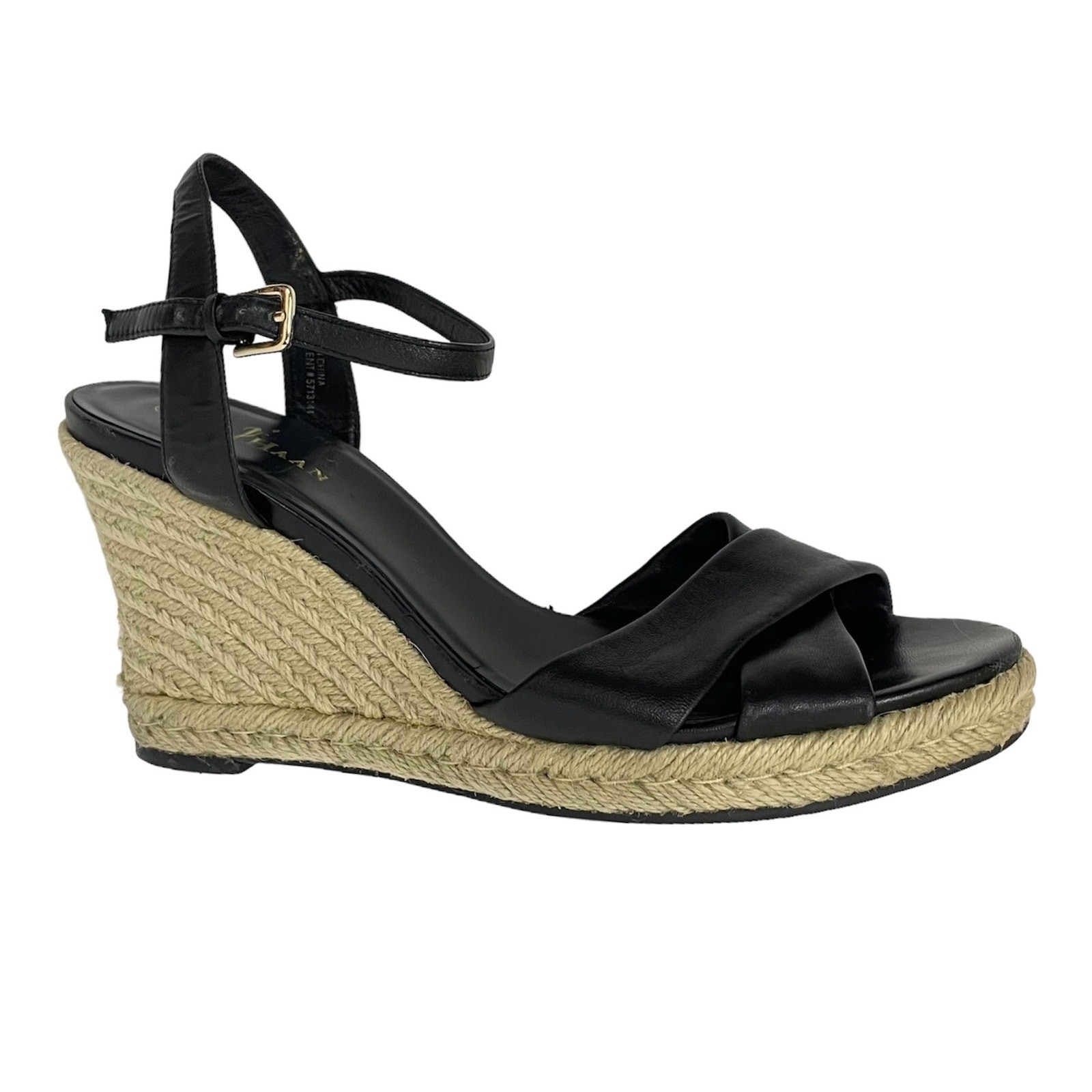 Cole Haan Women's Size 10 Black Leather Strappy Jute Espadrille Wedge Sandals