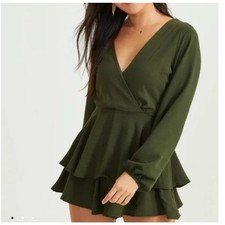 Altar  d State Small Romper Long Sleeve Lined Surplice V-Neck Tie Waist Ruffled