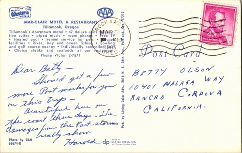 Postal de Mar-Clair Motel & Restaurant Tillamook Oregon Famous Cheese City 1965 - Imagen 2 de 2