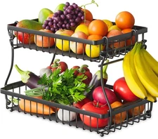2-Tier Fruit Basket with 4 Banana Hangers – Kitchen Counter Produce Organizer St