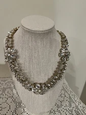 Talbots Chunky Statement Necklace Clear Rhinestone Flowers Gold Tone Holiday