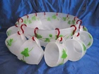 Vintage Frosted Glass Ivy Pattern Punch Bowl with 12 Cups & Hooks, Federal Glass