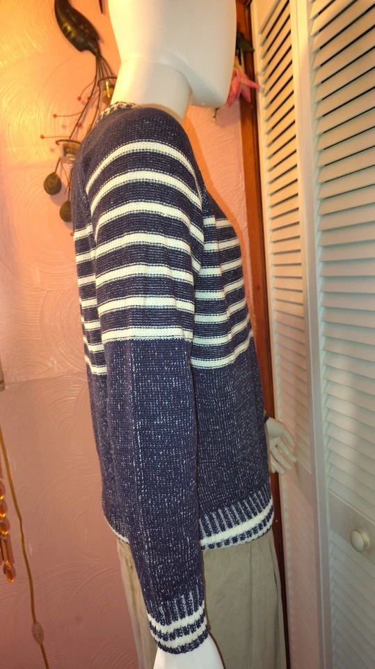 Pd & C 男式柔软蓝色白色条纹 100% 丙烯酸圆领毛衣 L — 第 2/4 张图片