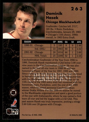 #263 Dominik Hasek 1991-92 Parkhurst novato - Imagen 2 de 2