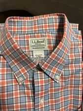 LL Bean Wrinkle Resistant Button Down Plaid Shirt Men’s L -Tall Blue Orange