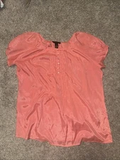 Hobo Peasant Top Blouse Peach SS  Pleats Button Neck Flowy Bit & Bridle