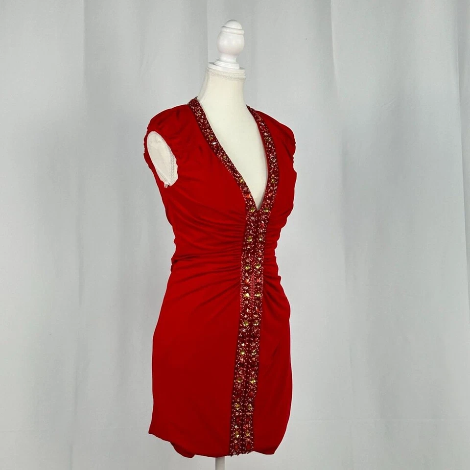 Tony Bowls Red Ruched Vintage Mini Dress Embellished Beaded With Shawl New Size6 — 第 4/4 张图片