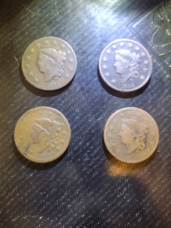 Lot of (4) US Large Cents-- 1821, 1833, 1836, 1838