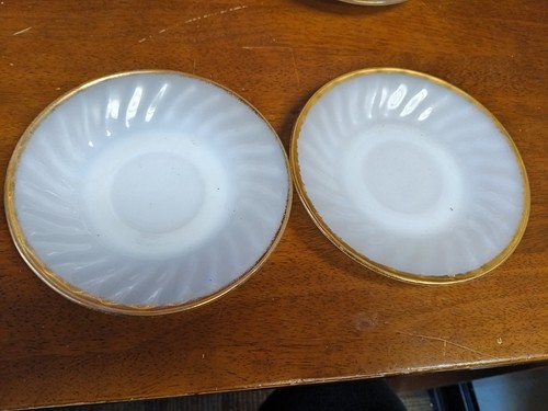 Lot Of 14 Anchor Hocking Fire King Saucers & Sugar cup Milk glass swirl gold rim - Picture 5 of 13