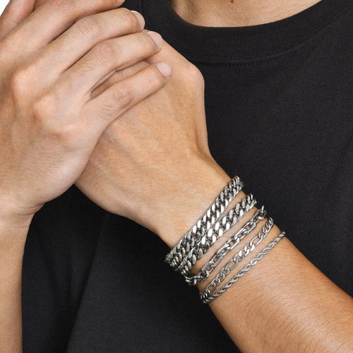 Silver Chain Bracelets for Men - 5 Pcs Solid Stainless Steel Rope/Figaro/Pape... - Picture 2 of 8