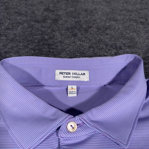 Camisa polo de golf Peter Millar Summer Comfort para hombre L azul púrpura a rayas elástica - Imagen 4 de 8