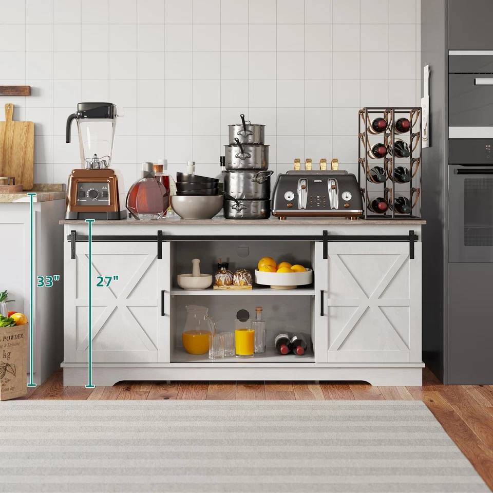 59" Farmhouse Kitchen Buffet Cabinet Sideboard Coffee Bar w/ Sliding Barn Door - Image 3 of 4