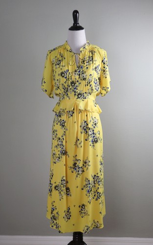 ANN TAYLOR NWT $159 Floral Yellow Lined Ruffle Midi Peplum Dress Size 4