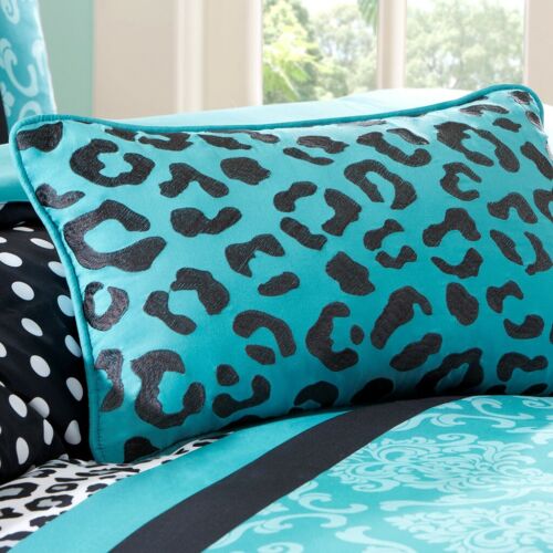 TEAL LEOPARD PRINT 4pc King COMFORTER SET : ANIMAL BLACK POLKA DOT GREEN DAMASK - Picture 4 of 7