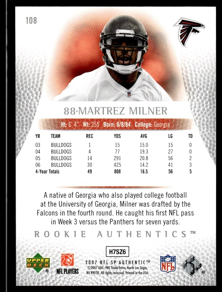 2007 SP Authentic Martrez Milner Rookie 0449/1399 Atlanta Falcons #108 R97 - Image 2 of 2