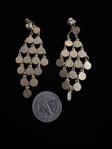 Vintage Chandelier Dangle Drop Tassel Goldtone Small Flat Disc Clip-On Earrings - Picture 2 of 3