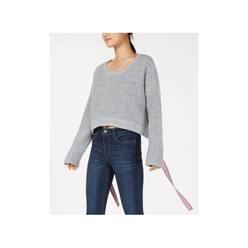 CRAVE FAME Juniors Ribbon Tie Cropped Sweater Size-X-Small Color-Grey - Picture 1 of 2