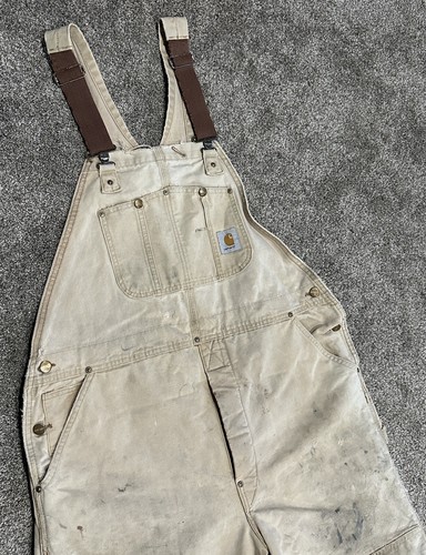 VTG 90s Carhartt Bib Overalls Brown Canvas Double Knee Quilted Distressed 42X30 - Picture 4 of 21