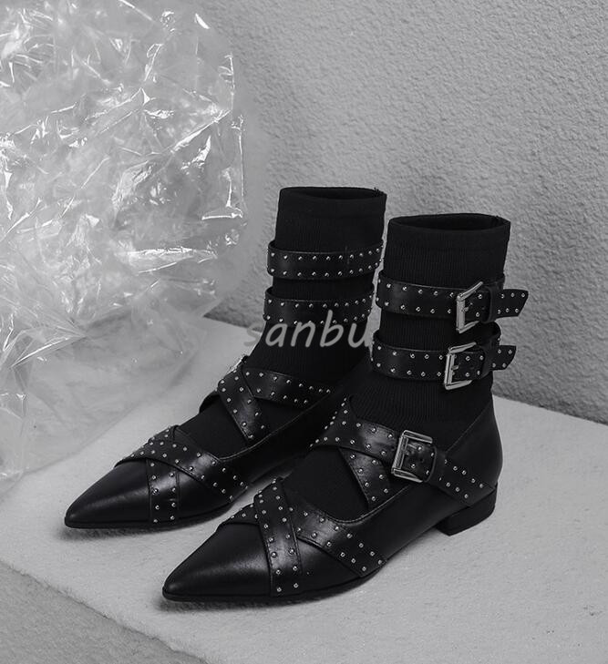 Damas Moda Buckel Correa Remache Elástico botas botas Elástico de montar en Punta de Taco Plano Talla 90ad7c Damas Moda Buckel Correa Remache Elástico botas botas Elástico de montar en Punta de Taco Plano Talla 90ad7c